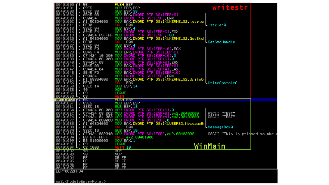 Disassembly of WinMain and writestr