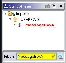 Symbol Tree Filtered to MessageBoxA